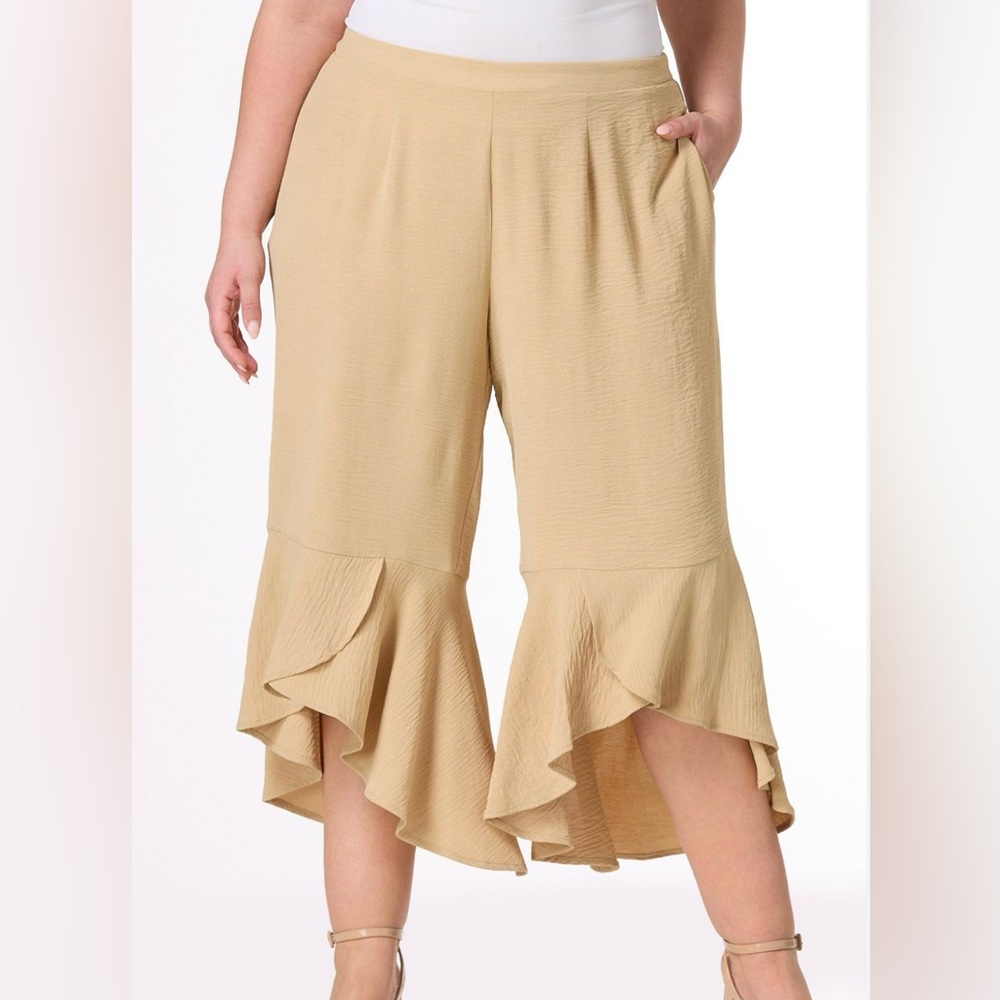Women's Tan Ruffle Hem Pants